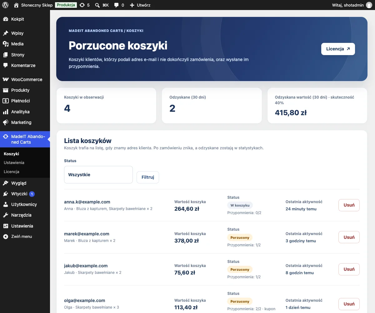 Lista koszyków w panelu ze statusem, wartością, wysłanymi przypomnieniami i ostatnią aktywnością