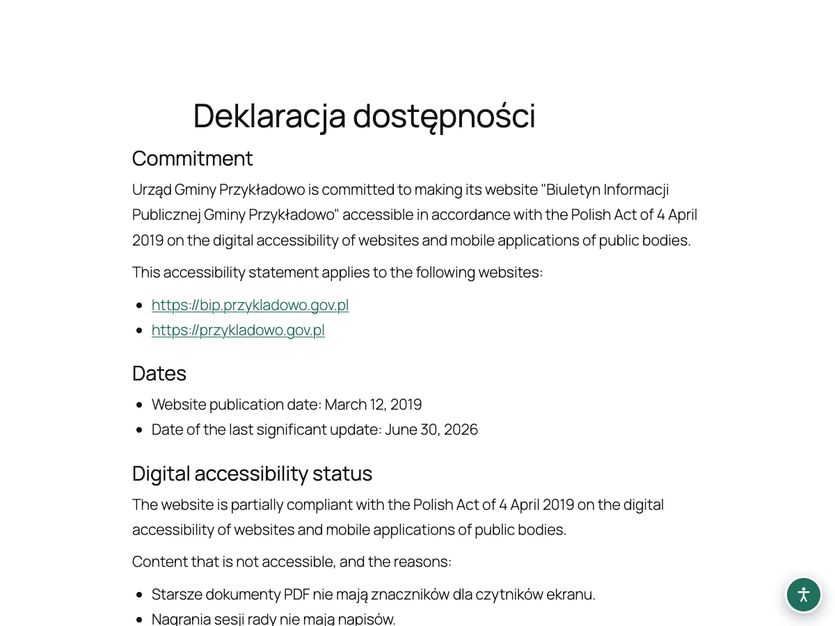 The published accessibility statement with the commitment, dates and compliance status