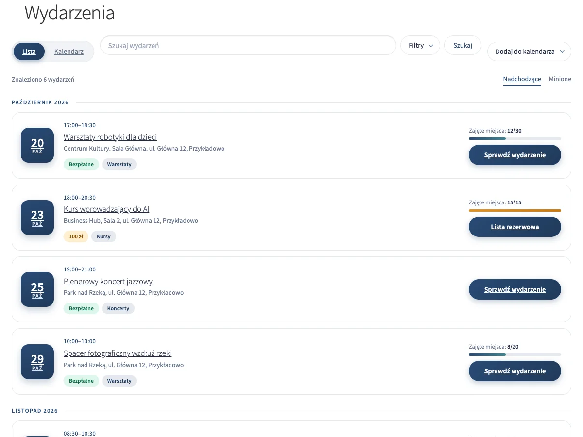 Lista wydarzeń z miernikami miejsc i przyciskiem listy rezerwowej przy pełnym wydarzeniu