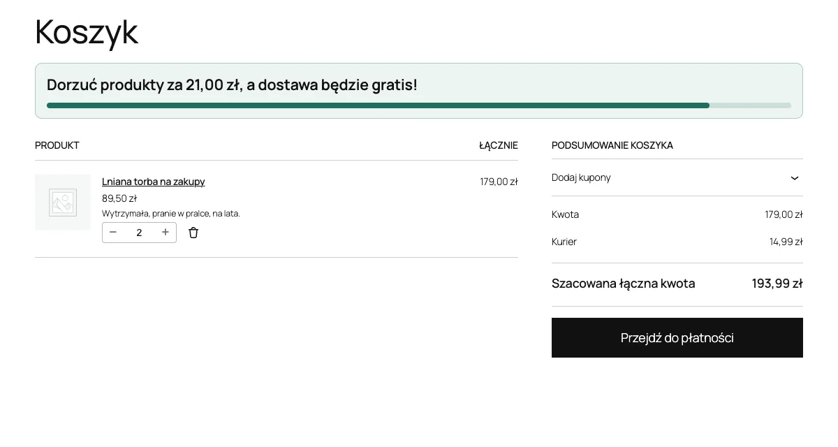 Koszyk WooCommerce z paskiem „Do darmowej dostawy brakuje Ci jeszcze 21,00 zł” i paskiem postępu
