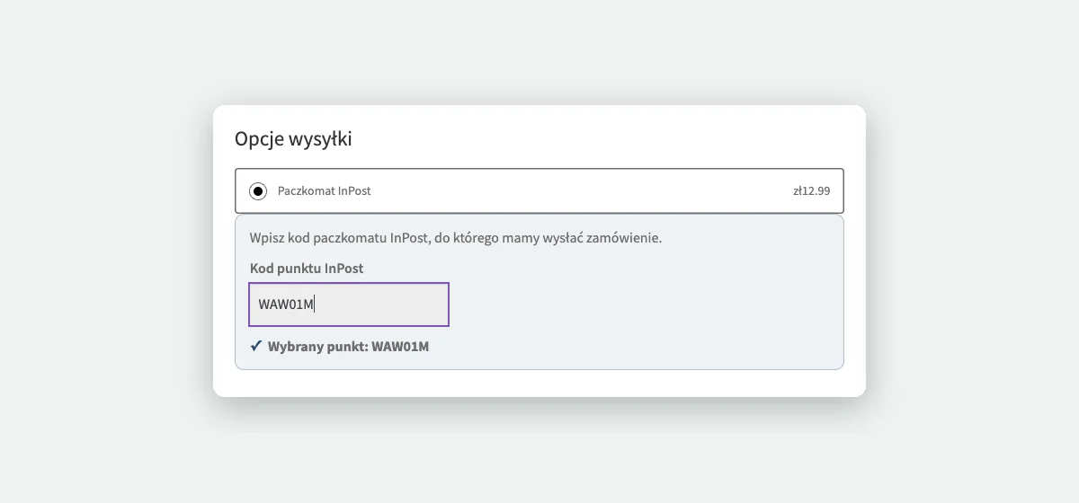Wybór paczkomatu pod opcjami wysyłki w checkoucie blokowym