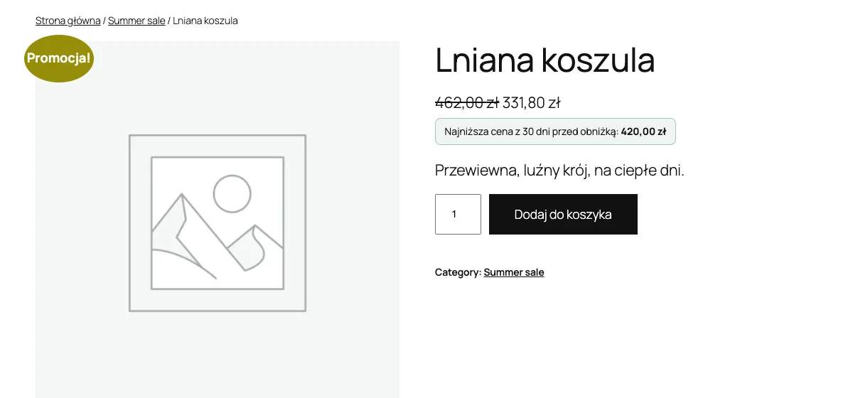 Strona produktu WooCommerce w promocji z komunikatem „Najniższa cena z 30 dni przed obniżką” pod ceną