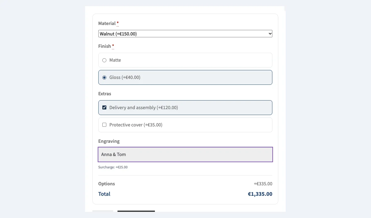Product page with a dropdown, a finish choice, add-ons, an engraving field and a price summary